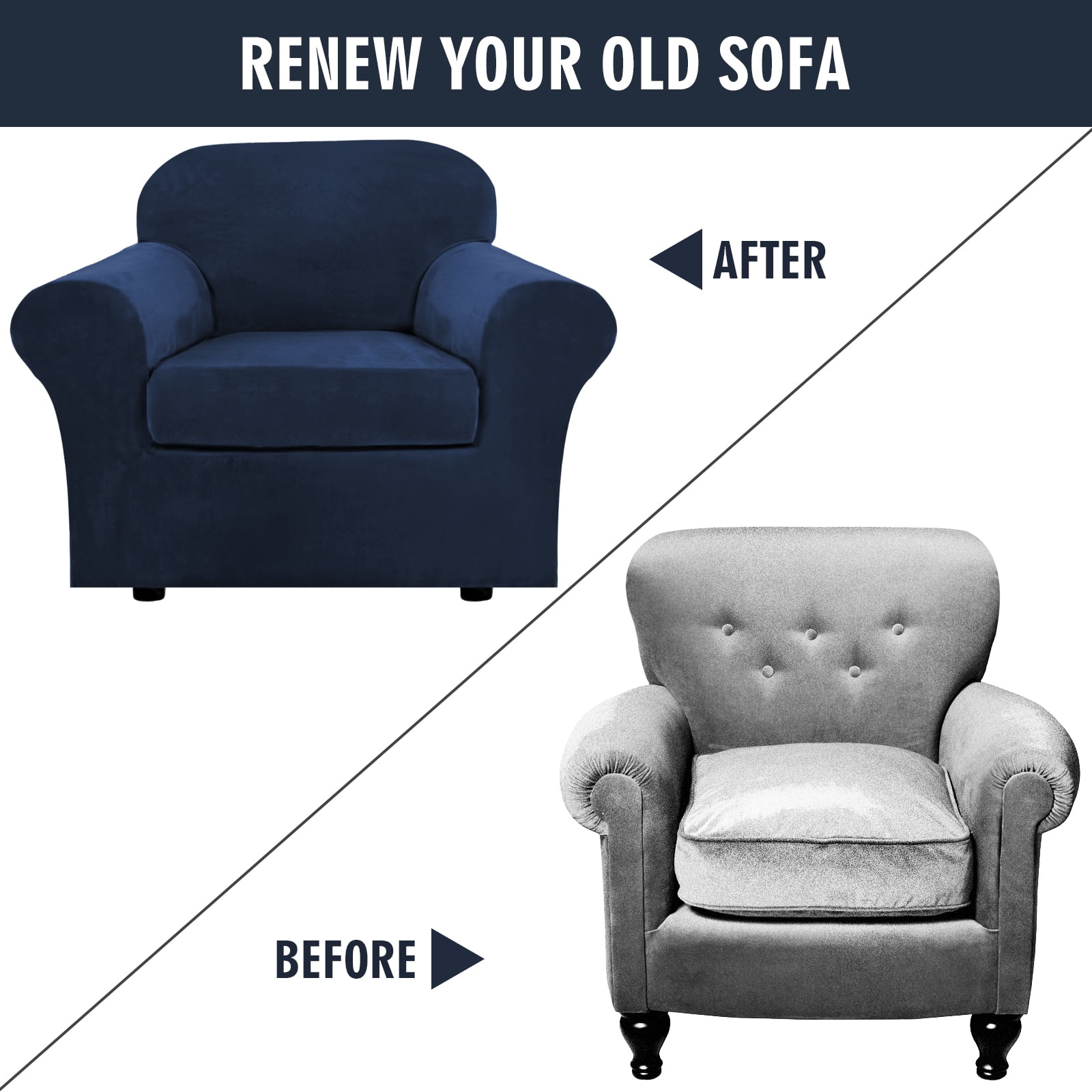 TOPCHANCES Velvet Plush Sofa Covers, Armhair Loveseat Couch Slipcover with Separate Cushion Cover (Dark Blue, For 3-Seater Sofa)