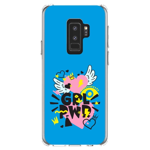 DistinctInk Clear Shockproof Hybrid Case for Samsung Galaxy S9  PLUS (6.2" Screen) - TPU Bumper, Acrylic Back, Tempered Glass Screen Protector - Girl Power - GRL PWR - Pink, Blue, Yellow