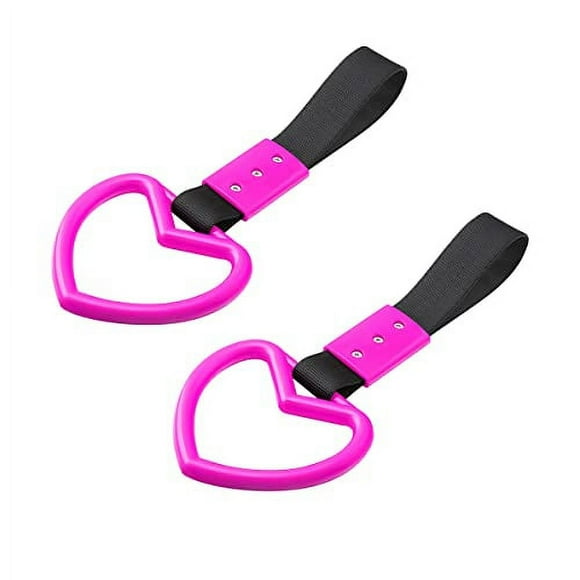 Fekey&JF 2PCS Tsurikawa Rings Heart-Shaped Car Hand Strap, Rear Bumper Warning Loop Janpanese Heart Handle for Cars, SUV, Bus, Auto Interior Exterior Warning Decoration (Pink)