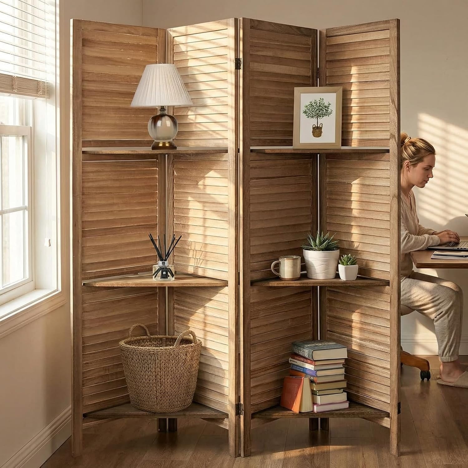 4 Panel Bamboo Room Divider with Shelves, Lightweight Privacy Screen for Bedroom Home Office, No Assembly Required