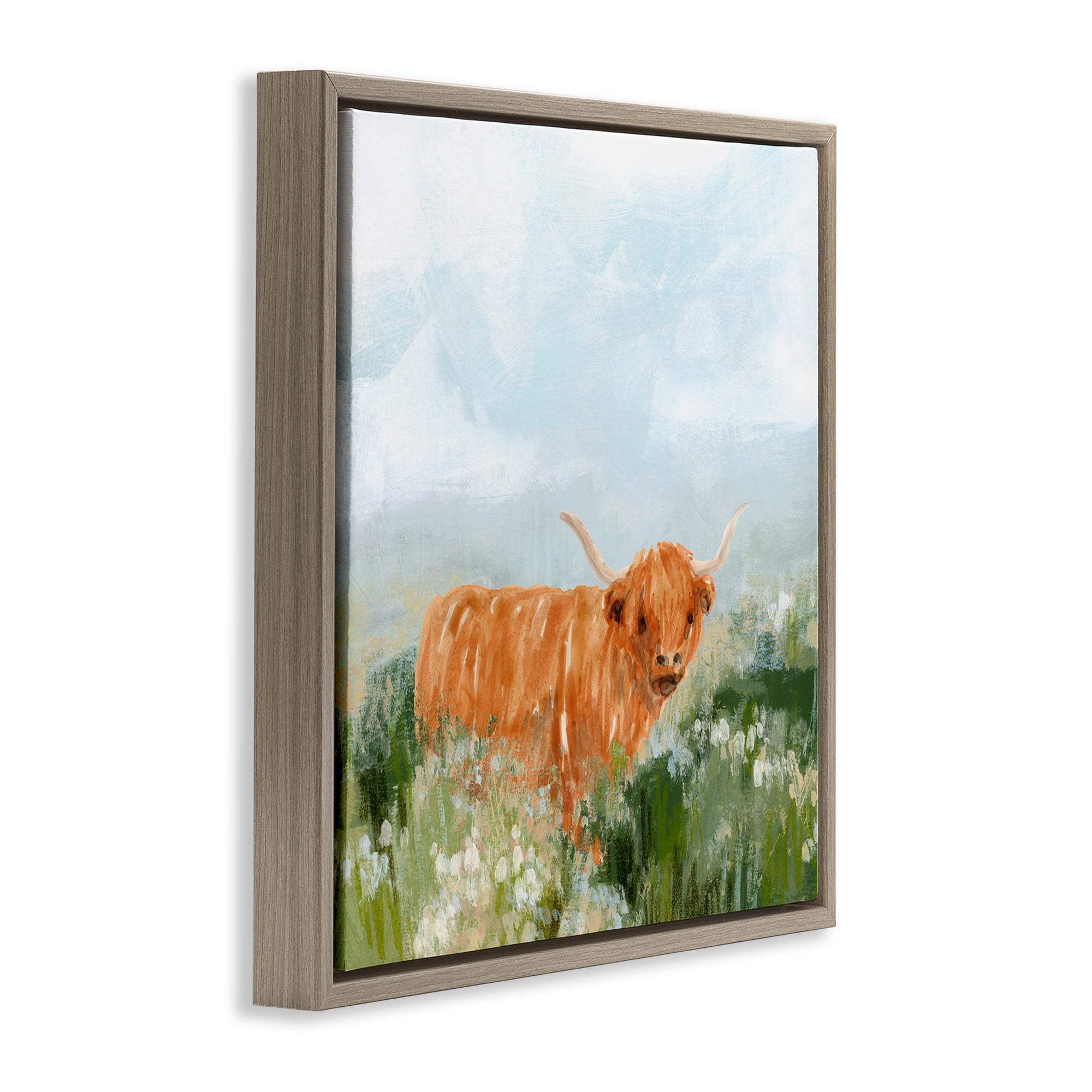 Stupell Industries Longhorn Cattle Country Field Animals & Insects Painting Brown Floater Framed Canvas Art Print Wall Art, 18 x 18