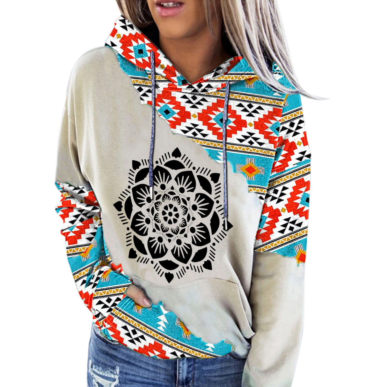 S-Fly Mens Long Sleeve Pullover Casual Loose Ethnic Print Hooded Sweatshirt