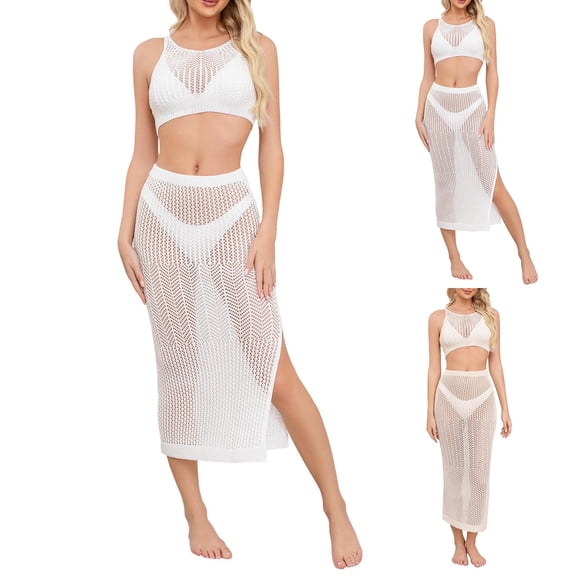 AGWOLF Women's 2 Piece Crochet Swimsuit Coverups Hollow Out Bikini Bathing Suit Cover Up Swimwear Mesh Beach Slit Skirt Set White Free Size