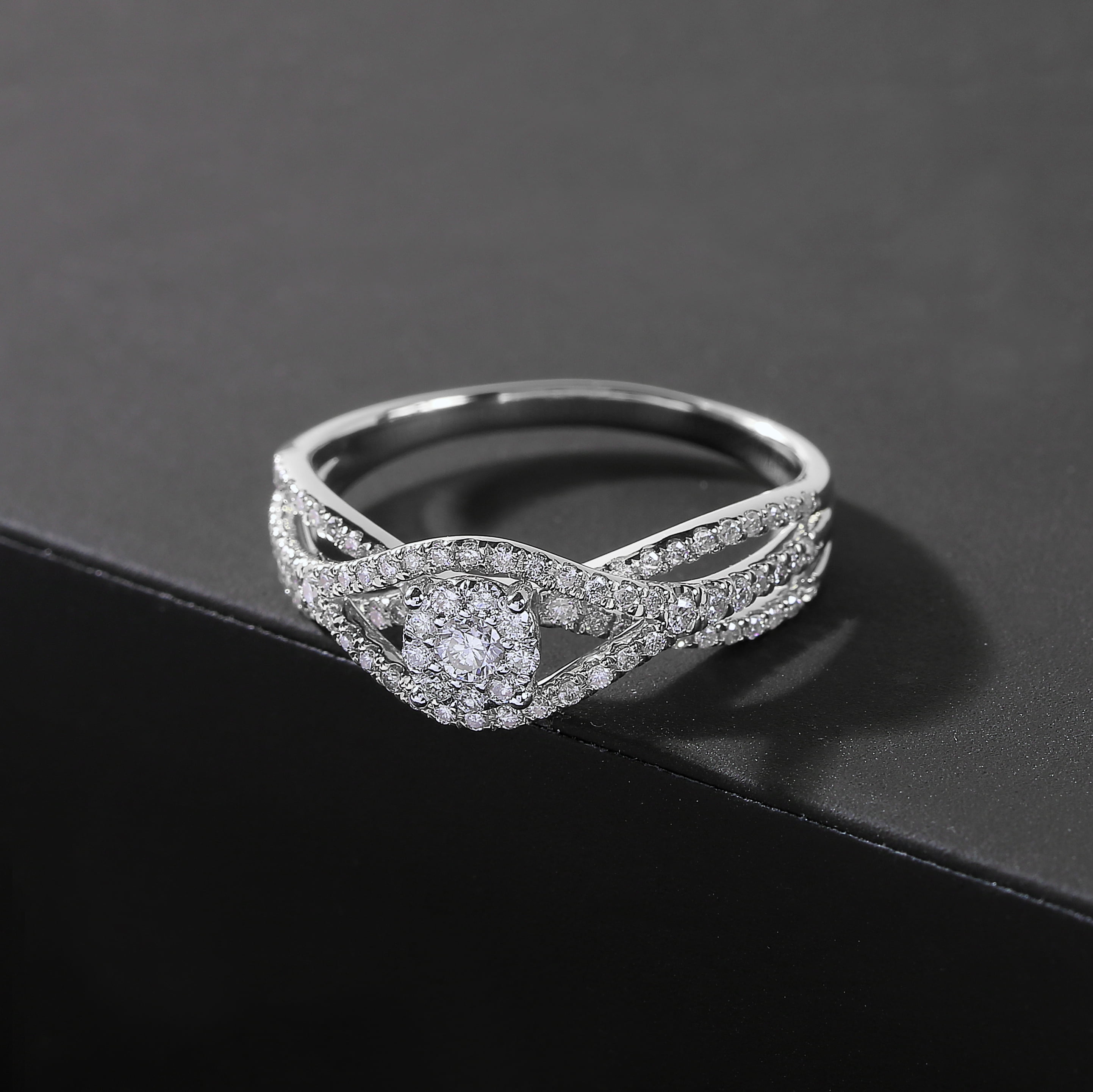 1/2Ct TDW Diamond 10K White Gold Cluster Split Shank Engagement Ring