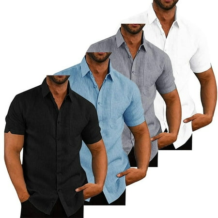 Mens Linen Short Sleeve Summer Solid Shirts Casual Loose Dress Soft ...