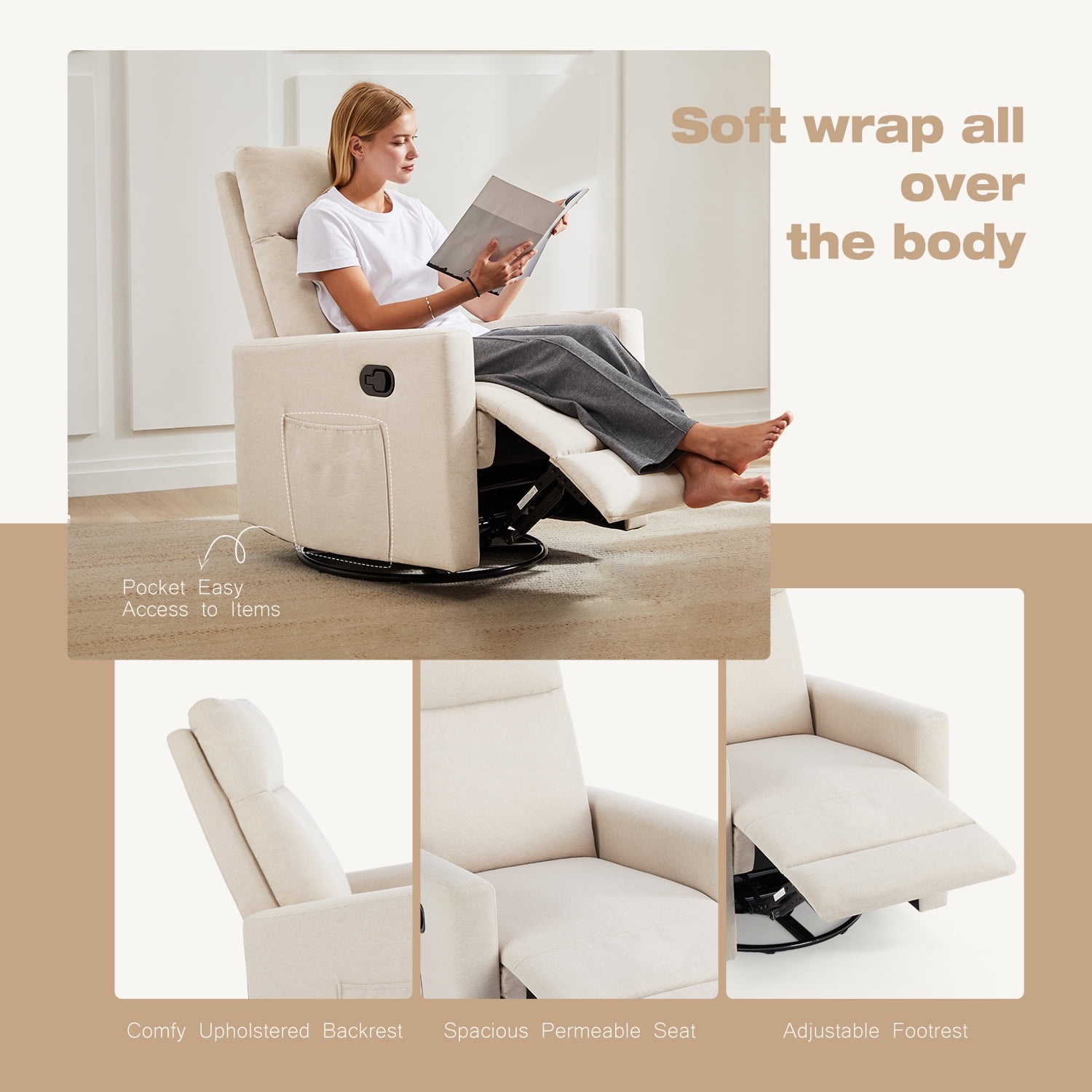 Luxurious Rocking Chair Nursery, Swivel Rocker Recliner for Comfort in Your Nursery, Living Room, and Bedroom, Beige