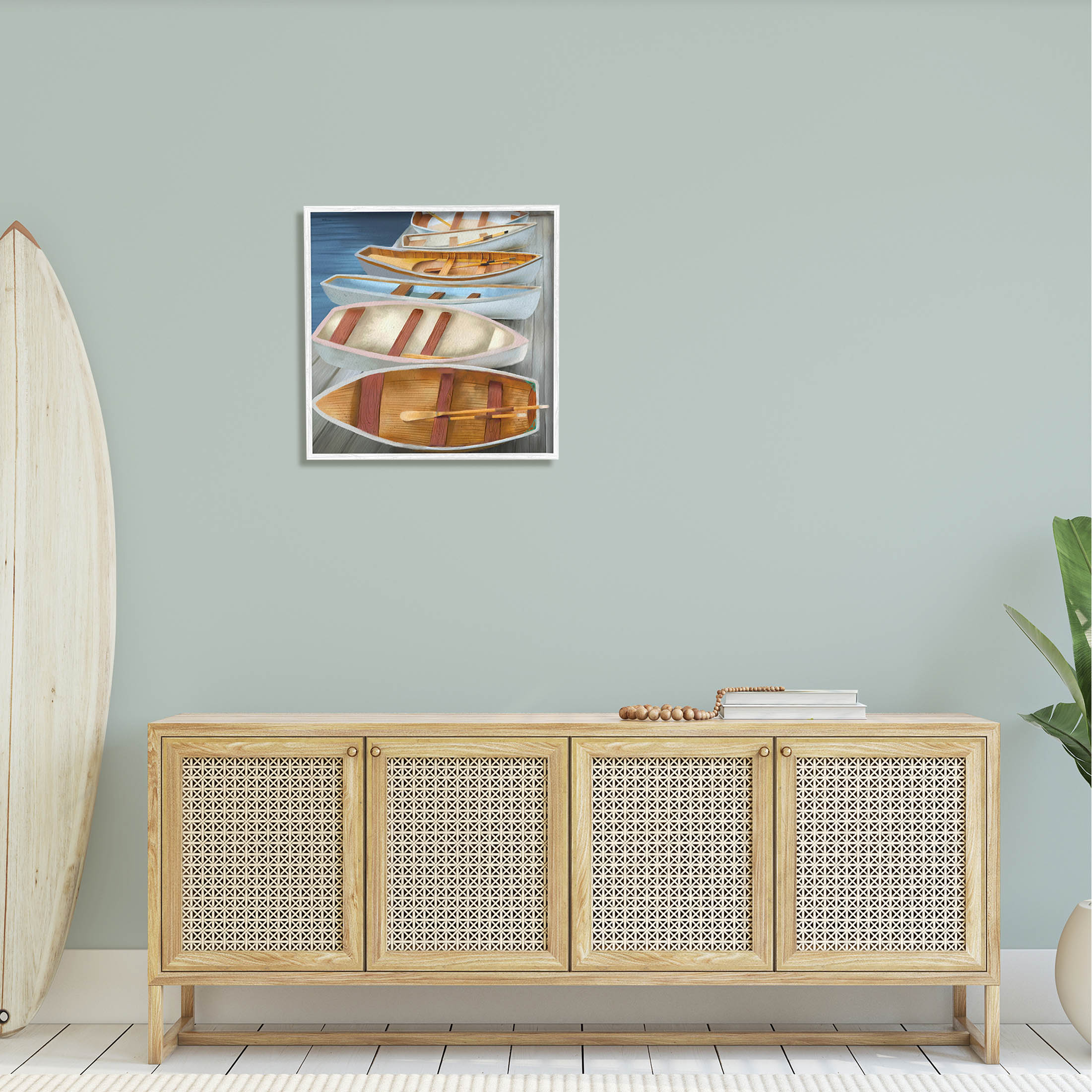 Stupell Industries Rowboats Along Lake Dock Painting White Framed Art Print Wall Art, Design by Elizabeth Medley