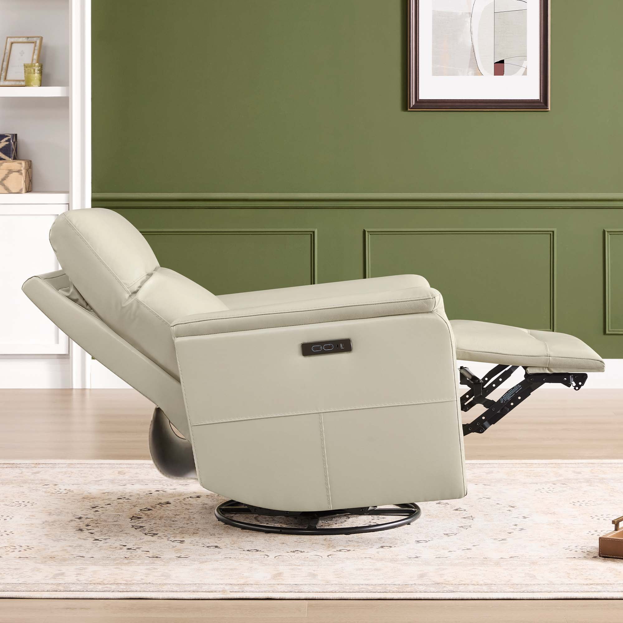 Spruce & Spring Genuine Leather Dual Motor Swivel Glider Recliner Chair, Light Grey