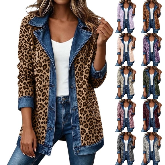 Miaoju Womens Leopard Denim Patchwork Collared Shirt Jacket Casual Long Sleeve Button Front Denim Blazer Lightweight Shacket