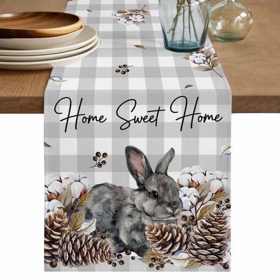 Table Runner 72 Inches Long for Kitchen Dining, Rabbits Pine Cone Dresser Scarf Farmhouse, Dining Table Decorations for Wedding/Parties, Sweet Home Texture Grey Plaid Farmhouse 13 x 72 In