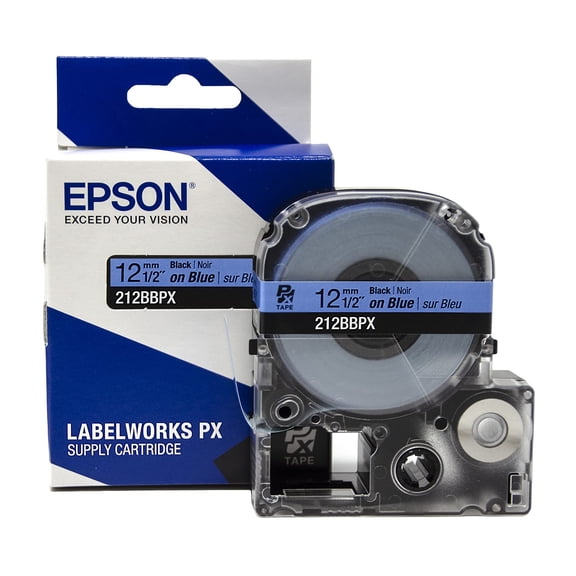Epson LABELWORKS 212BBPX - Black on Blue PET Label Maker Tape - 1/2" (12MM) Wide, 30'