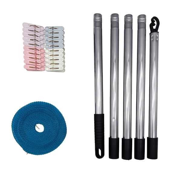 Complete Outdoor Clothesline Stand Rod Stainless Steel Adjustment Up to 1.8m Includes Rope and Clips 1Set