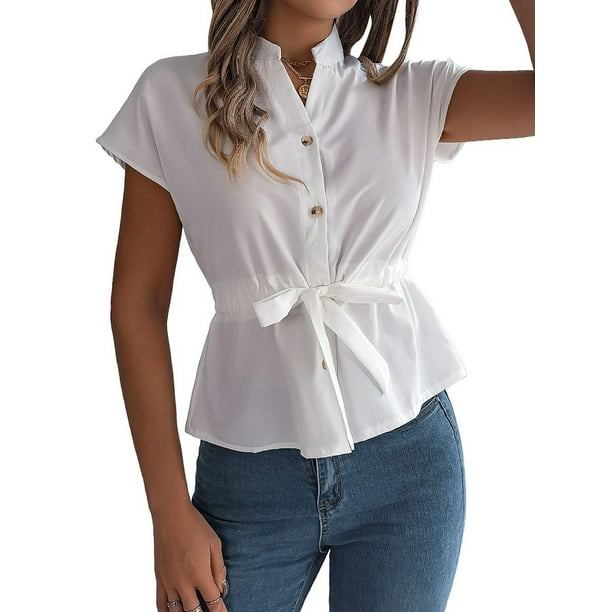 Blusas de Mujer con Botones, Blusas Casuales de Verano, Camisas Elegantes de para el Trabajo, Blancas, Talla M