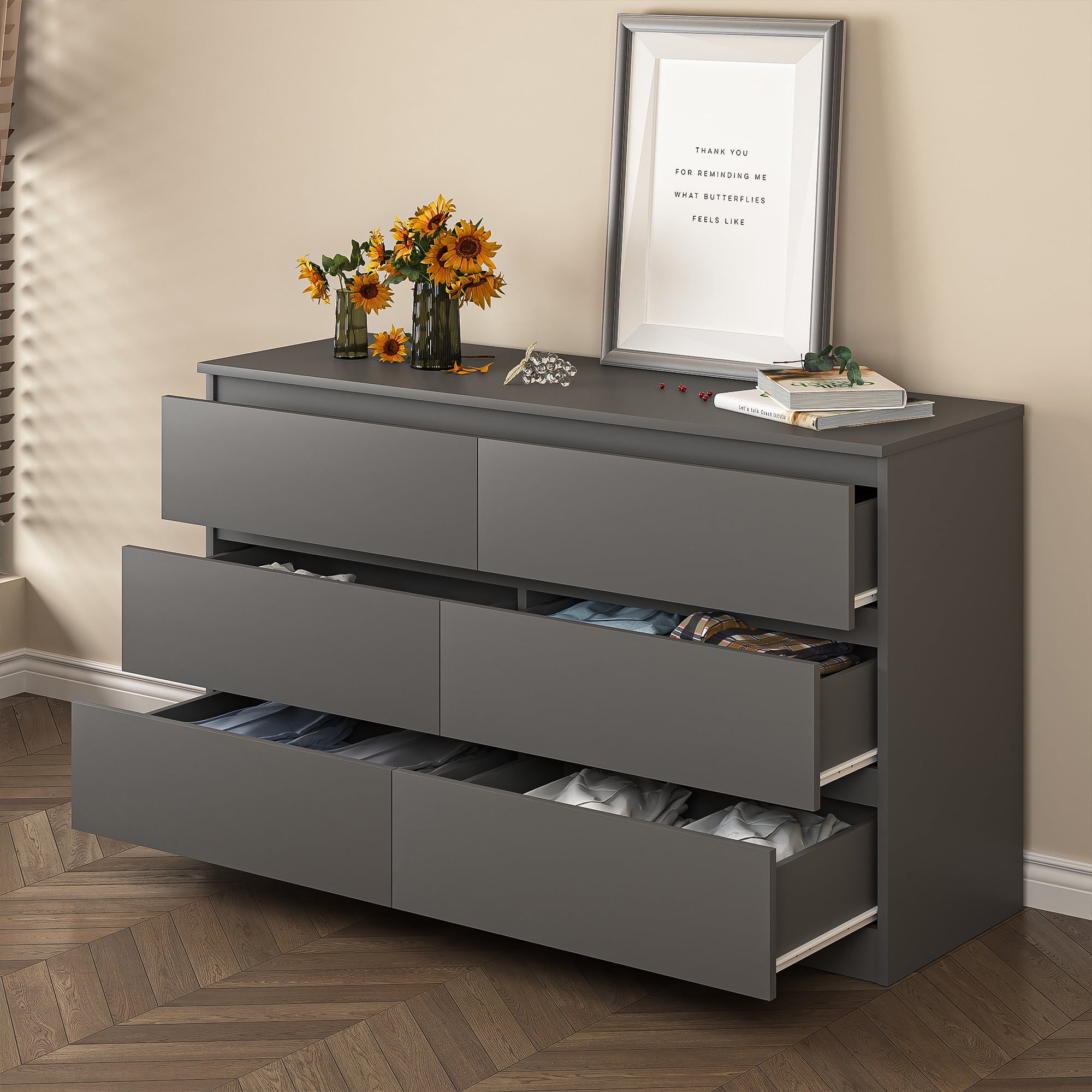 Finihen 6 Drawer Double Dresser, Modern 6 Chest of Drawers with Deep Drawers, Wide Storage Organizer Cabinet for Living Room, Kids, Gray Finihen 6 Drawer Double Dresser, Modern 6 Chest of Drawers with Deep Drawers, Wide Storage Organizer Cabinet for Living Room, Kids, Gray