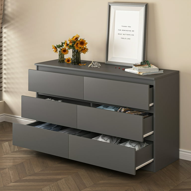 Resenkos Solid Furniture: Modern Mid Century 6-Drawer Wide Dresser Chest  Organizer for Bedroom, Grey - Walmart.com