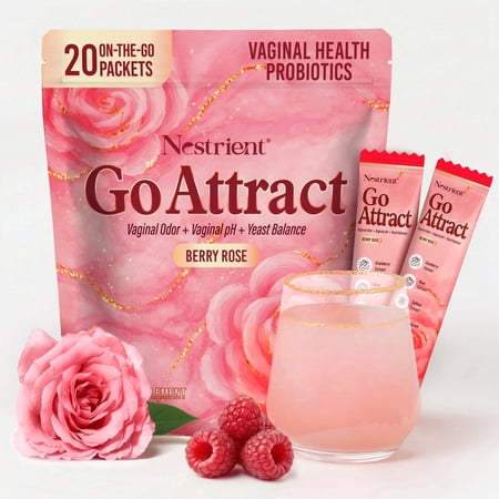 Nestrient GoAttract Probiotic Drink Mix Powder for Feminine Health with Probiotics, Cranberry & Rose Extract - Berry Rose, 20 Stick Packets