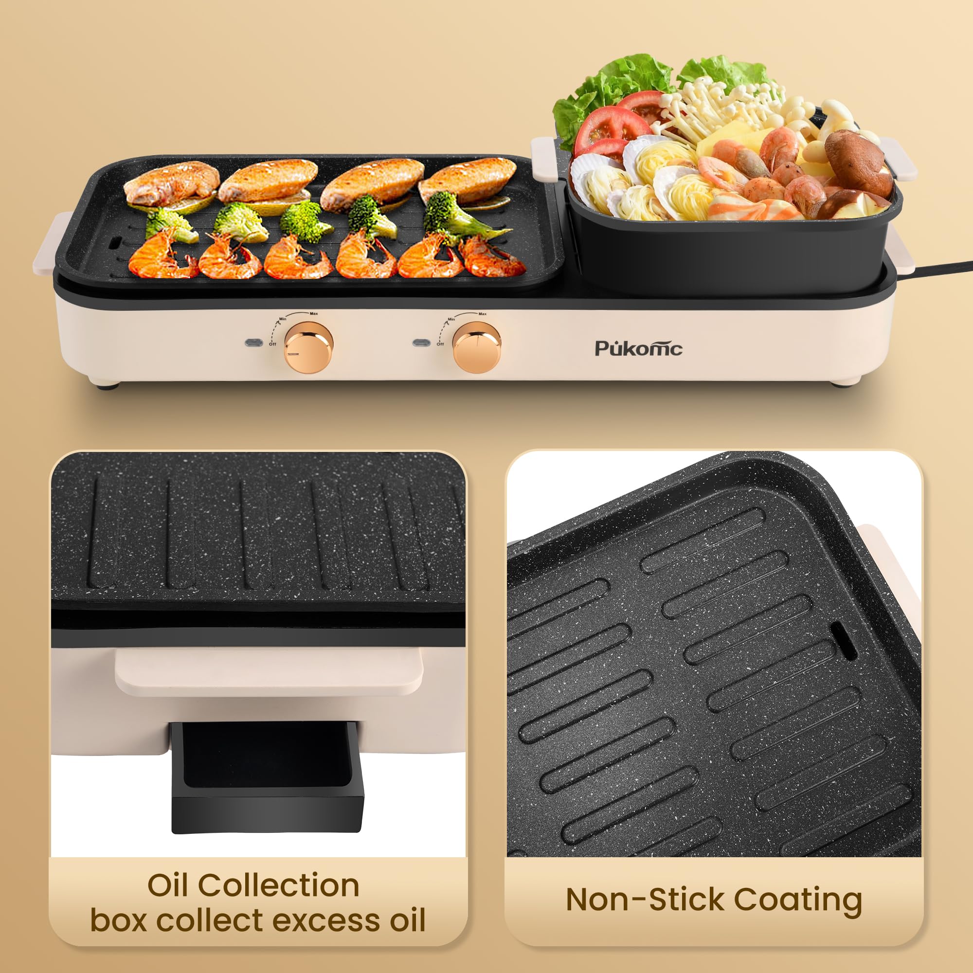 SUSTEAS 2-in-1 Electric Hot Pot with Grill: 1500W Non-Stick Removable Plate, Temperature Control for Indoor Grill for Korean BBQ, Beige