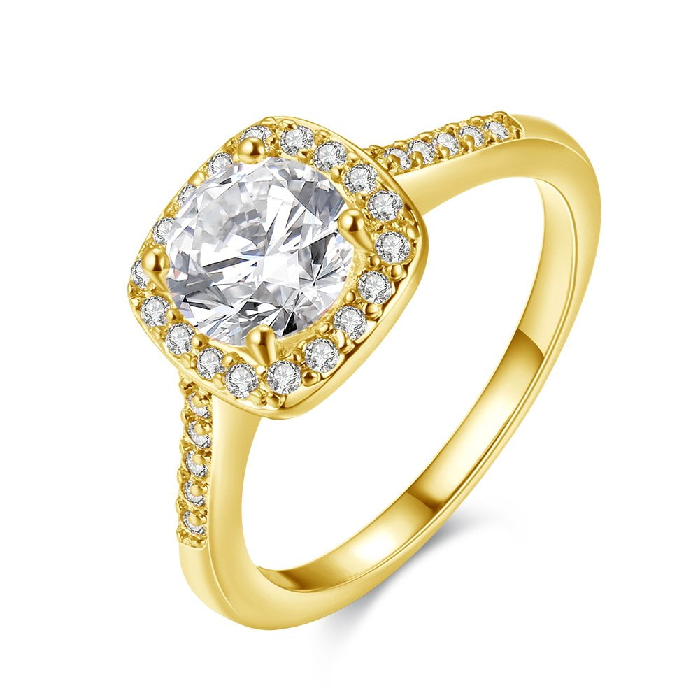 Uloveido Charm Gold Plated Square CZ Simulated Diamond Ring, Crystal Solitaire Wedding Promise Ring Halo Setting KR002 (Gold, Size 5)