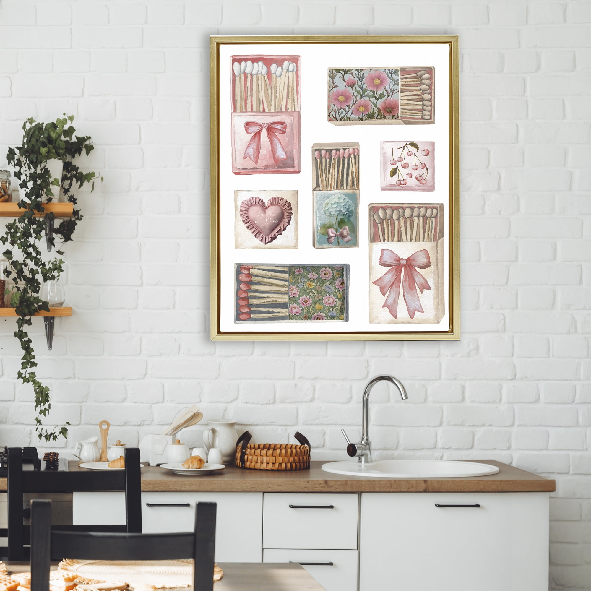 Stupell Industries Vintage Feminine Matchbooks Gold Framed Floater Canvas Wall Art, design by Elizabeth Medley