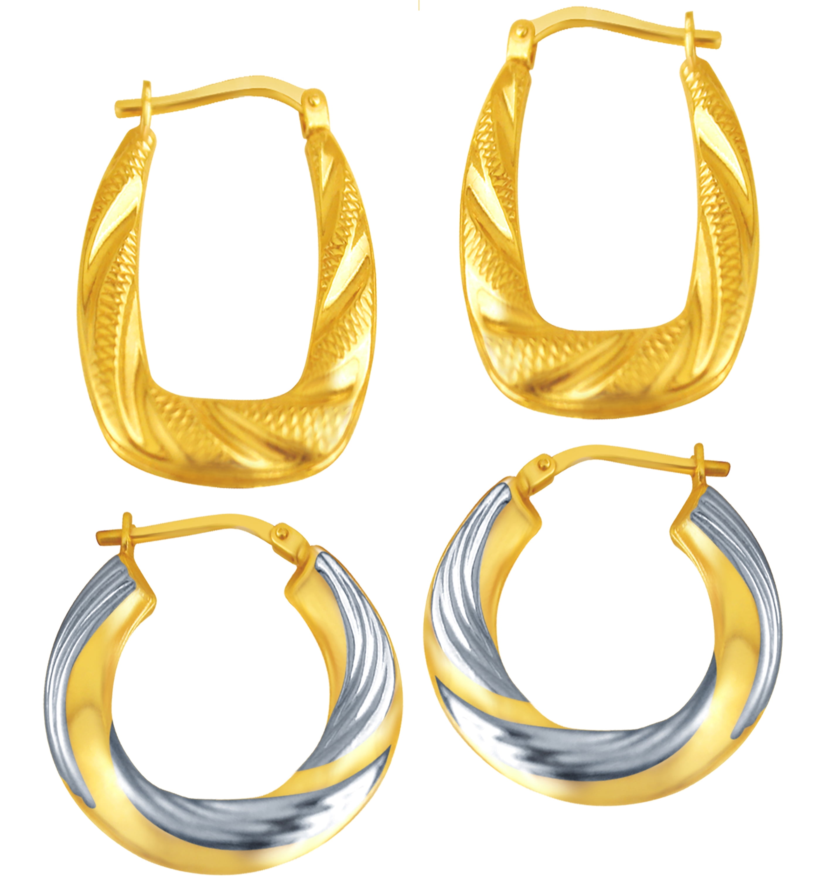 Brilliance Fine Jewelry 14K Gold Plated Sterling Silver Textured and Swirl Hoops Adults Earrings Set