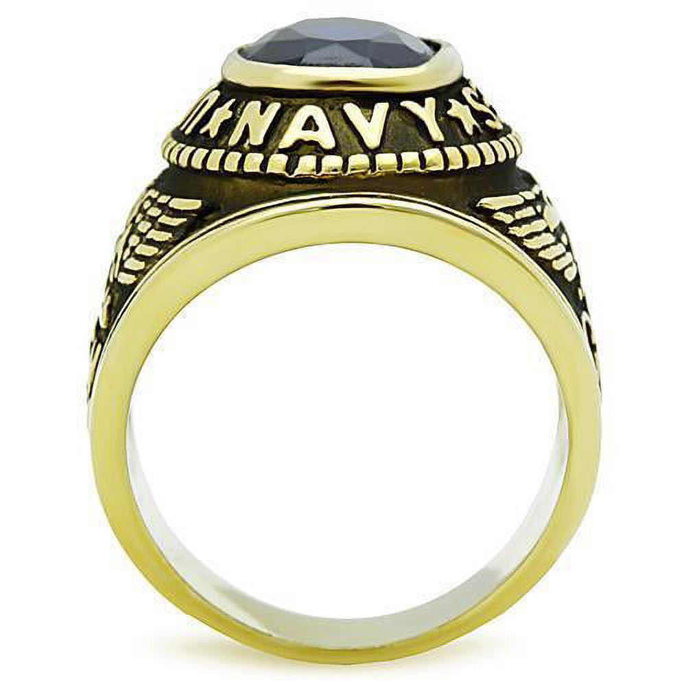 US Navy Ring for Men and Women Unisex Stainless Steel Military Patriotic Ring in Gold with Blue Stone