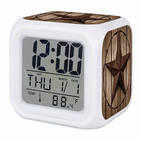 Western Star Retro Digital Alarm Clock for Bedrooms, Smart LED Alarm Clock with 7 Color Changing Night Light, Brown Vintage Wood Grain Silent Wake Up Clocks for Sleep Study Cooking 3.2x3.2