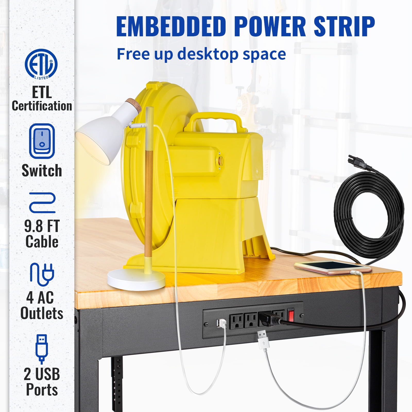 VEVOR Adjustable Workbench, 72" x 25" Multi-Purpose Work Bench with 28.5" - 38.3" Height Range and 2000 lbs Capacity, Power Outlets & Hardwood Top & Metal Frame & Foot Pads, Workshop Garage Table