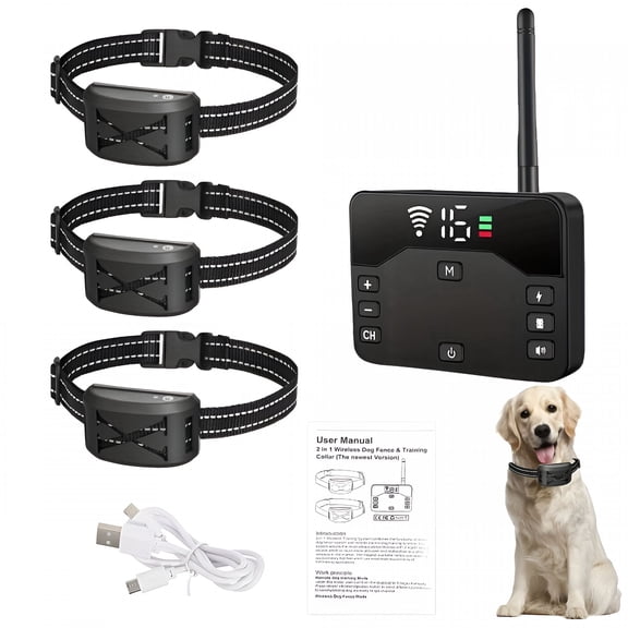GJX Upgraded Wireless Dog Fence System with 9-Level Remote Control for Three Dog Leashes, Electric Dog Fence and Training Collar, Adjustable Wireless Dog Boundary Containment System