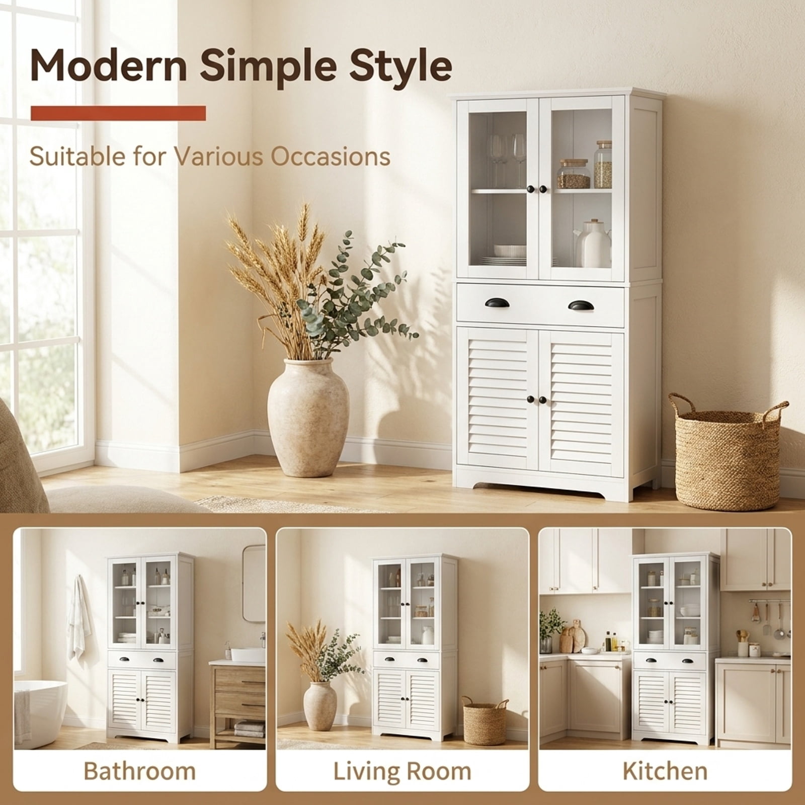 Vebreda Freestanding Bathroom Storage Cabinet, 4 Door Freestanding Bathroom Floor Storage Cabinet with 2 Drawers and Glass Doors