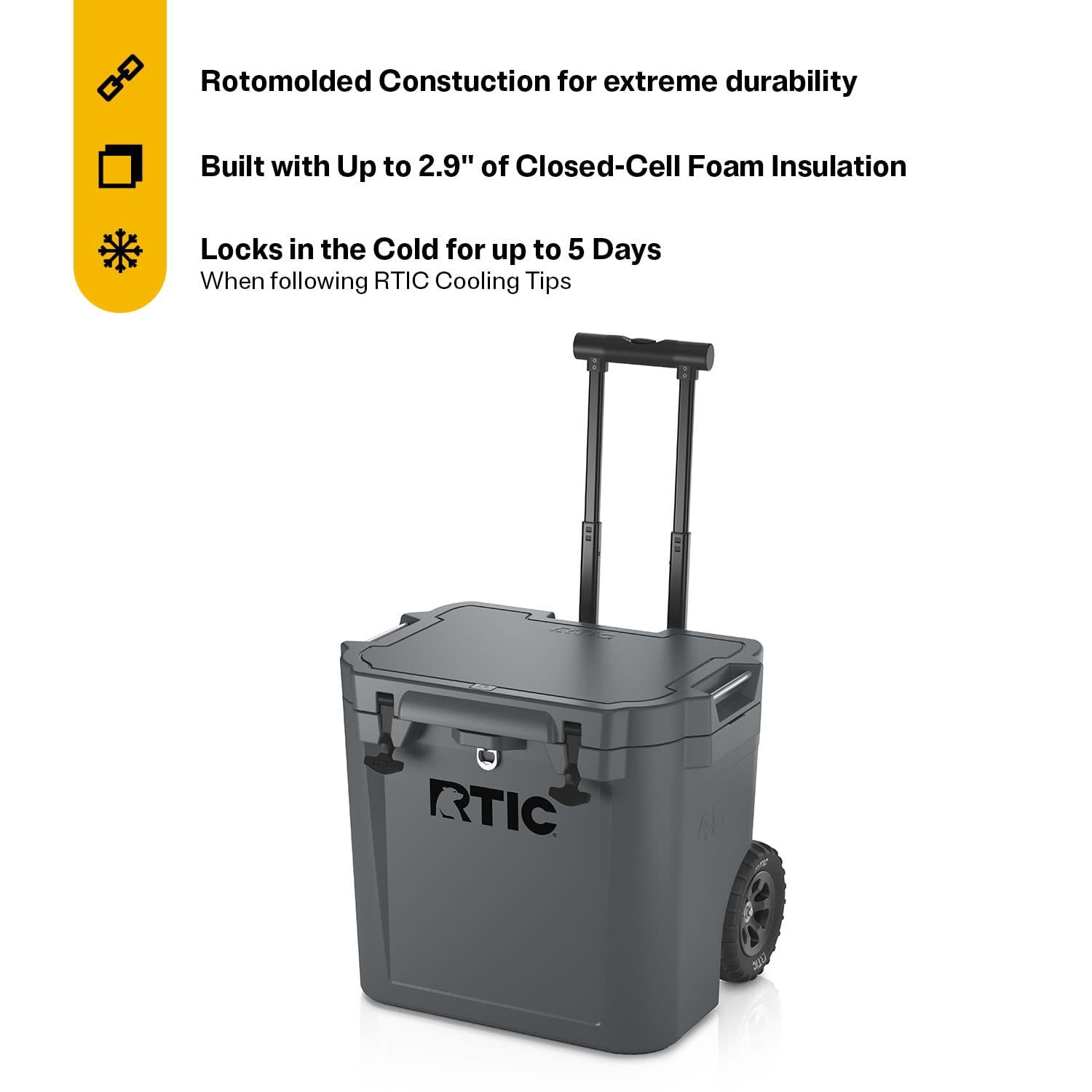 RTIC 45 QT Ultra-Tough Wheeled Hard-Sided Ice Chest Cooler, Fits 60 Cans, Dark Grey