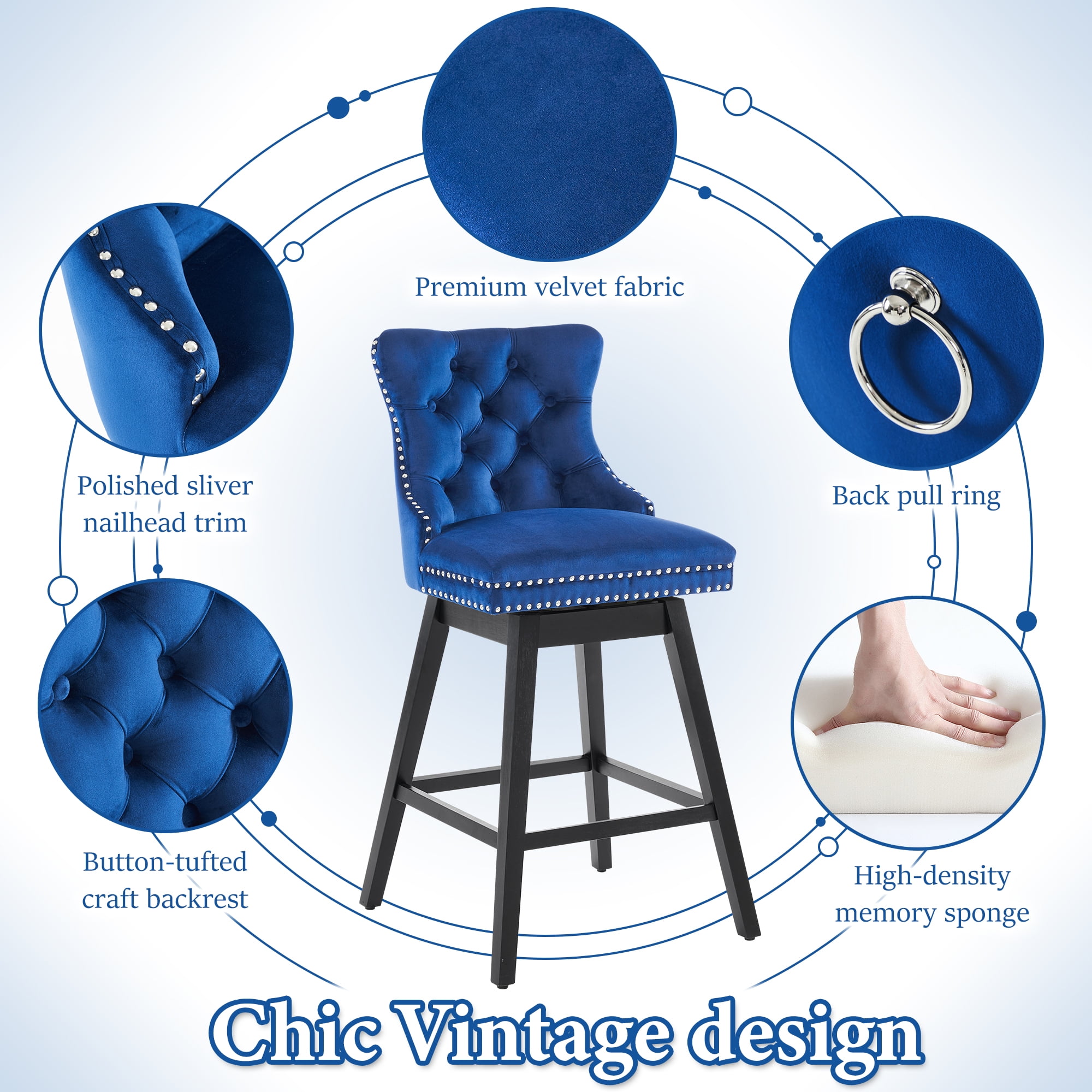 TEWLOSS 26" Swivel Counter Height Bar Stools Set of 4, Blue Velvet Kitchen Stools with Back