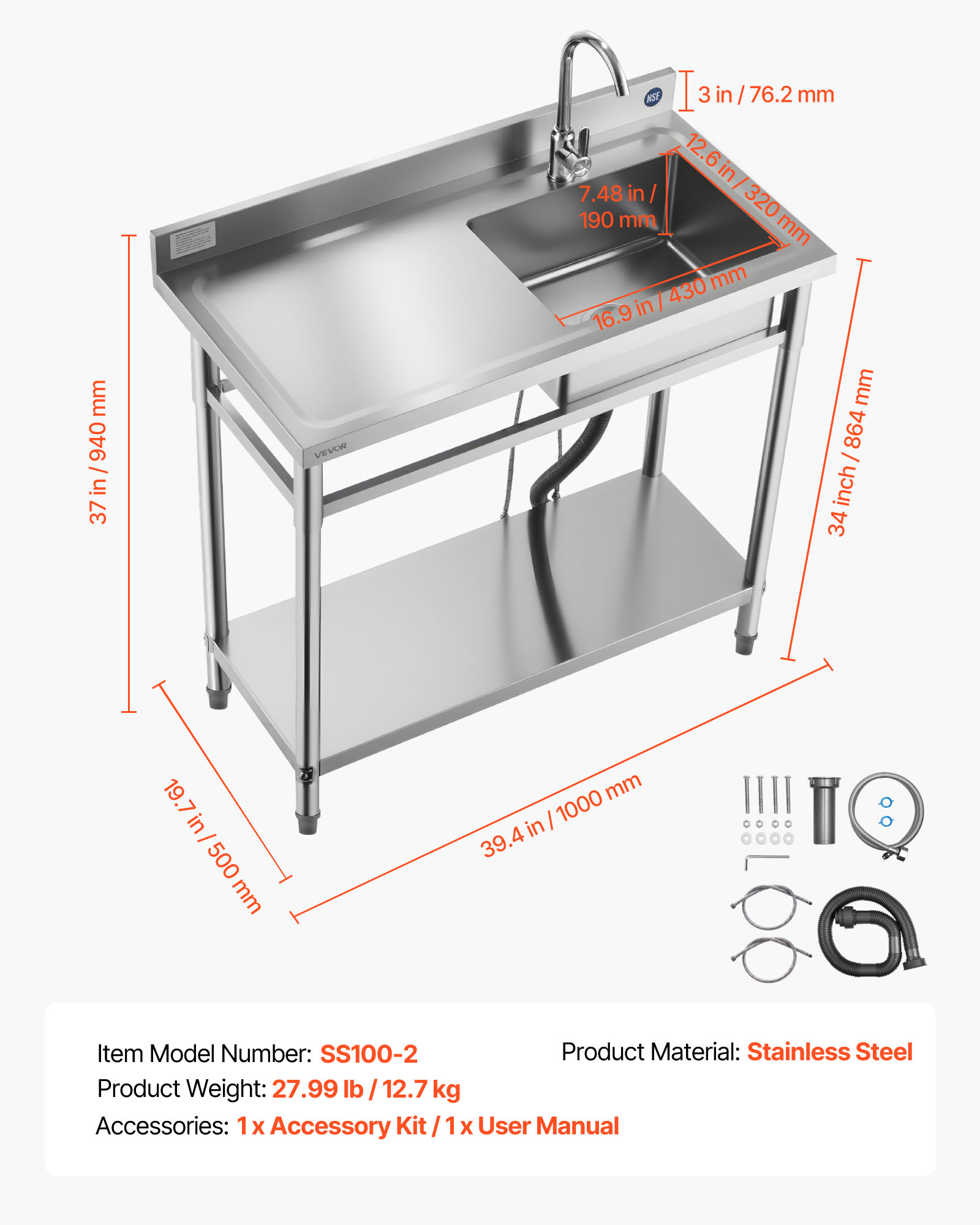 VEVOR Stainless Steel Utility Sink, Free Standing Single Bowl Commercial Kitchen Sink with Faucet, 39.4 x 19.7 x 37 in, Utility Left Basin with Hot & Cold Water Pipe for Garage, Restaurant, Laundry