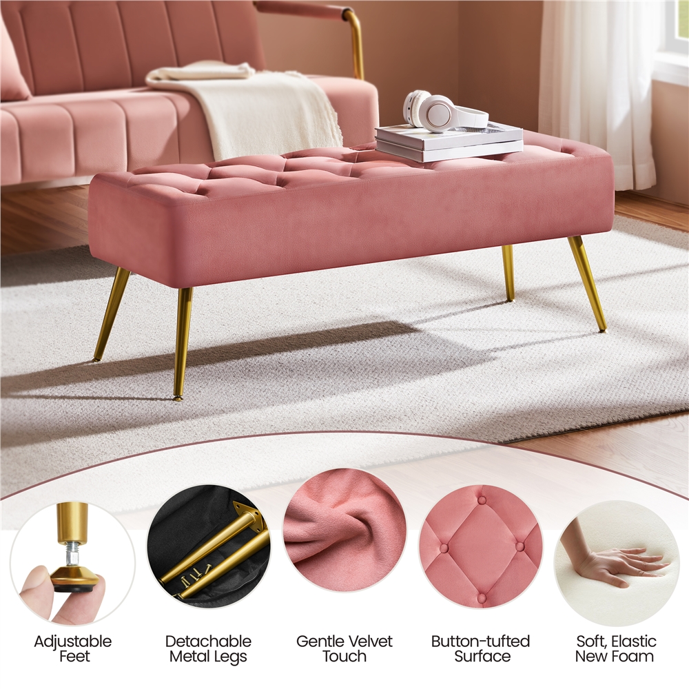 Yaheetech Velvet Upholstered Button Tufted Footstool Bench for Bedroom, Pink