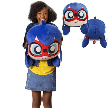 Miraculous Ladybug - Huggie Hideaway Ladybug, 16.5-inch Red and Blue Plush Pillow, Super Cute Soft Stuffed Toy for Kids with Large Zipper Secret Pocket in The Back, Wyncor