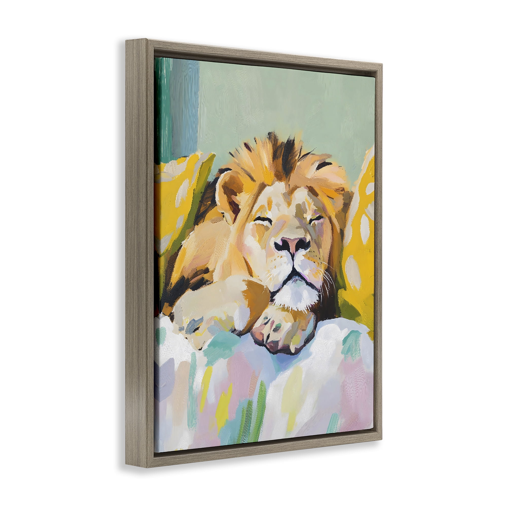 Stupell Industries Sleeping Lion on Pastel Pillows Brown Framed Floater Canvas Wall Art, design by The Prints Vibe