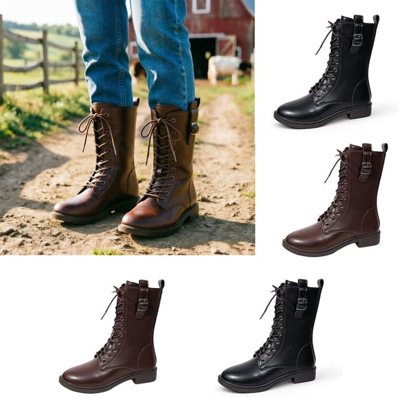 Women's Knee High Boots Heel Boots with Back Zipper, Women's Vintage Lace-Up Mid Calf Boots Brown Motorcycle Biker Boots With Side Zipper Buckle Detail Heel Riding Shoes For Fall Winter Black