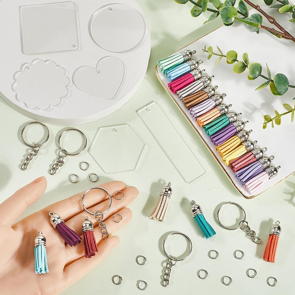 300Pcs Acrylic Keychain Blanks Bulk Key Chain Blanks Clear Round Rectangle Heart Blank with Tassel Pendant Keychains Making Kit for Vinyl Jewelry Making Supplies DIY Crafts colorful