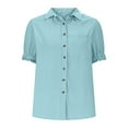 thumbnail image 4 of JGGSPWM Women Textured Puff Sleeve Lapel Collar Button Down Cotton Summer Blouse Tops Blue L, 4 of 7