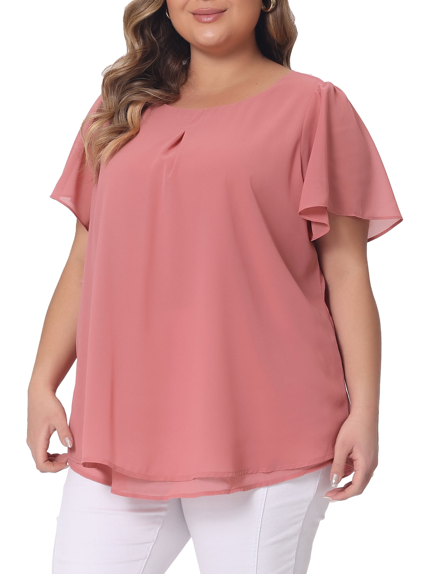 DARING DIVA Women's Plus Chiffon Ruffle Double-Layered Top 2X Pink