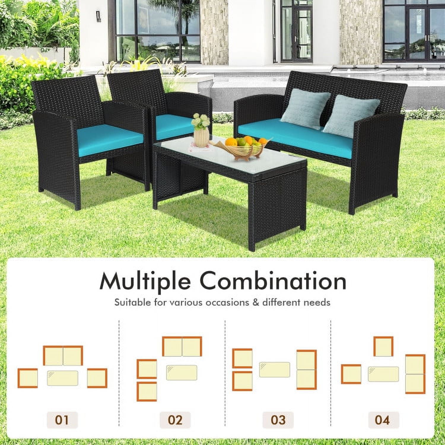 Aimee Lii 4 Pieces Wicker Patio Furniture Set with Cushions, Wicker Outdoor Sectional with Weather Resistant Cushions and Tempered Glass Tabletop, Turquoise Aimee Lii 4 Pieces Wicker Patio Furniture Set with Cushions, Wicker Outdoor Sectional with Weather Resistant Cushions and Tempered Glass Tabletop, Turquoise