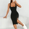 thumbnail image 4 of sunsanly Summer Women Dress Square Neck Sleeveless Skinny Elastic Side Split Sheath Thread Solid Color OL Commute Breathable Club Party Midi Dress, 4 of 8
