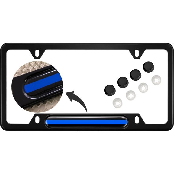 USA Patriotic Anodized Aluminum Thin Top | Narrow Top Car License Plate Frame with Thin Blue Line (Stripe) Insert with Free caps - Black