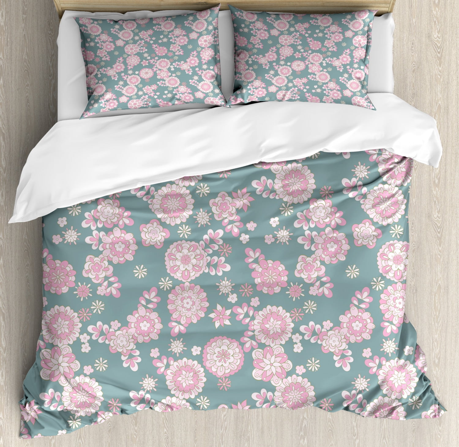 Floral King Size Duvet Cover Set, Cute Romantic Pastel Foliage Blooming