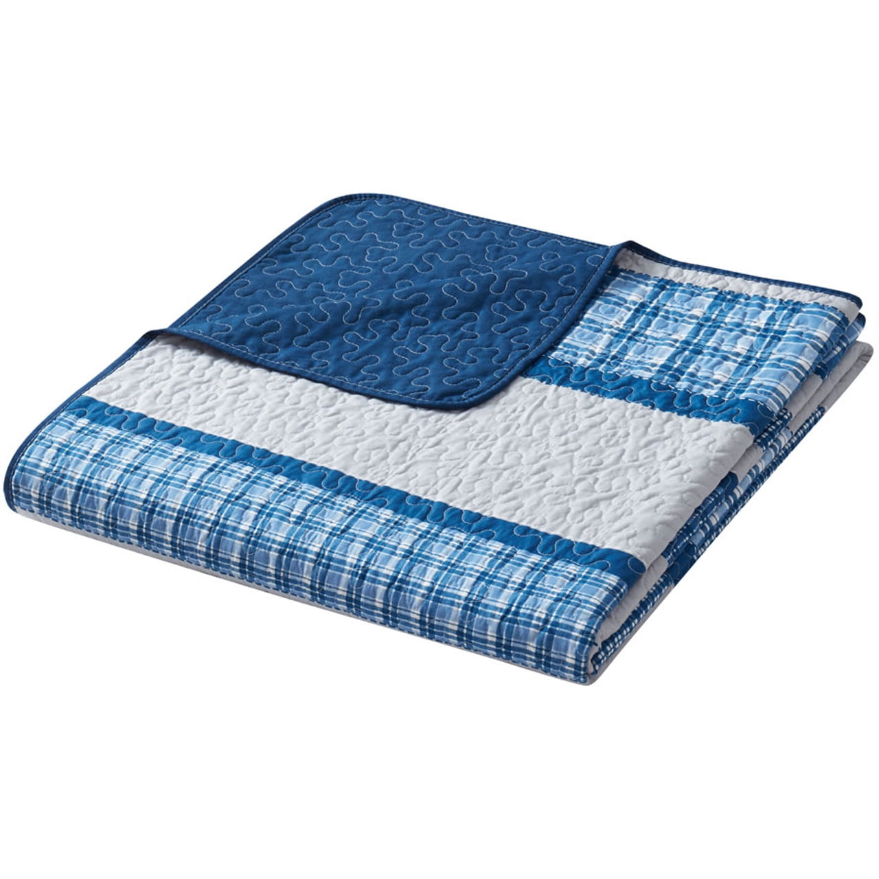 Legacy Decor 3 Pcs Quilt Reversible Bedspread Coverlet Blue & White Patchwork Design Ultra Soft Microfiber Oversized Queen 100"W x 106"L, All Ages.