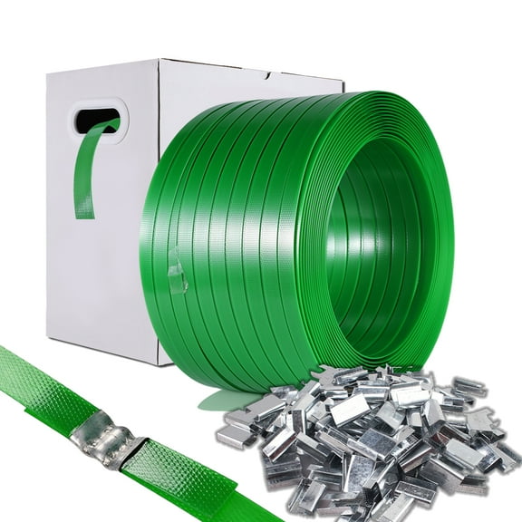 Packaging Strapping, Pallet Strapping, Banding Strapping Coil (5/8" x 1500 ft x 0.035" PET Polyester Strapping and 100 Buckles) - Heavy-Duty Certified 1200 lbs Break Plastic Strap