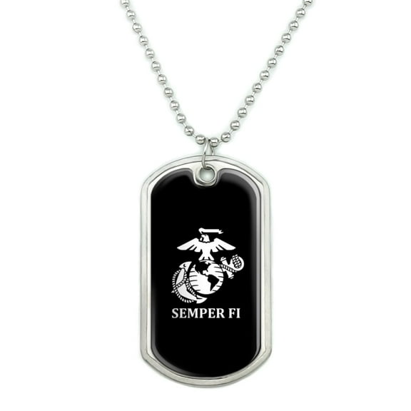Marine Corps USMC Semper Fi Black White Logo Officially Licensed Military Dog Tag Pendant Necklace with Chain
