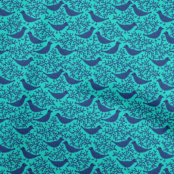 oneOone Velvet Turquoise Blue Fabric Asian Bird Block Print Craft Projects Decor Fabric Printed By The Yard 58 Inch Wide