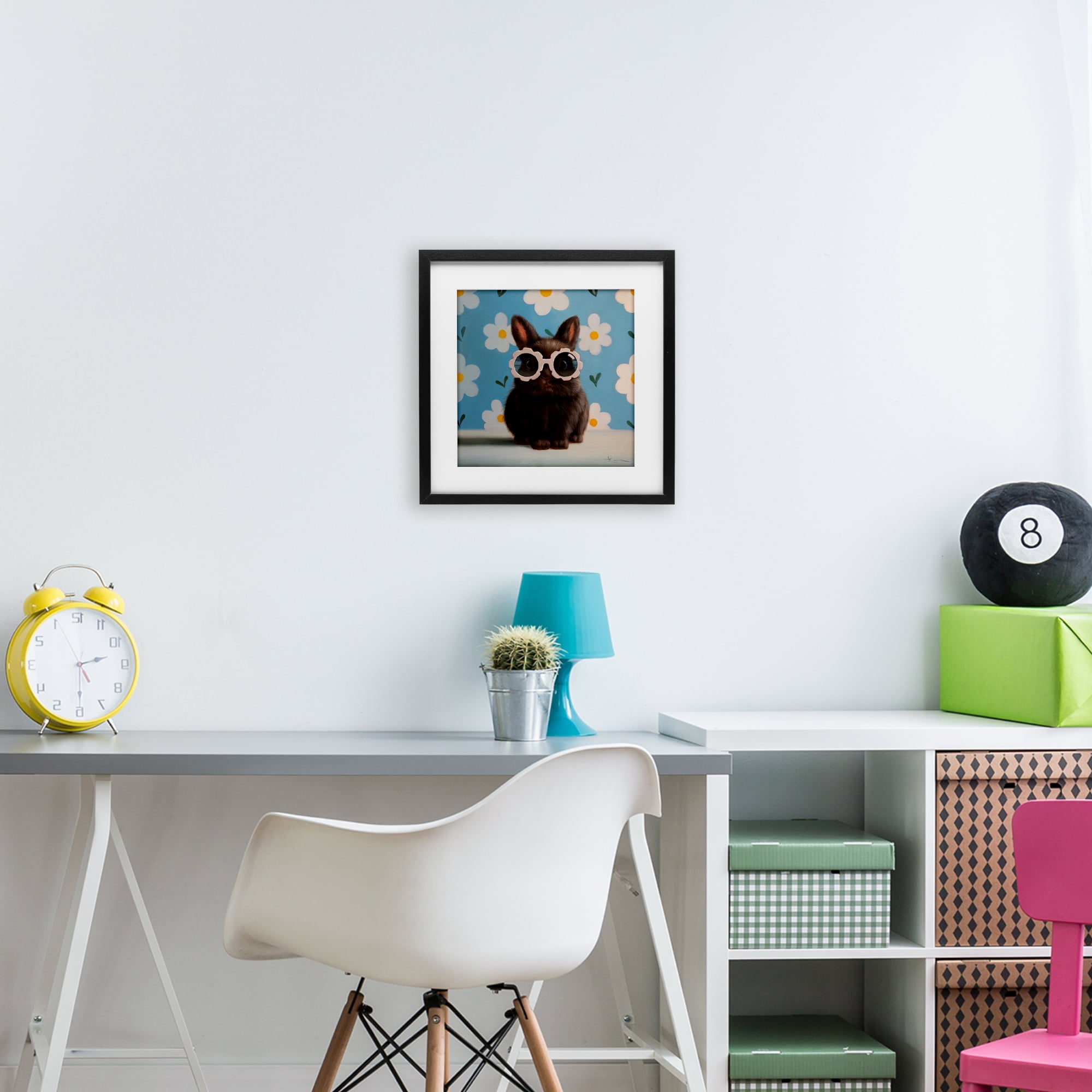 Flower Child Bunny Black Framed Print Under Glass, design by Lucia Heffernan