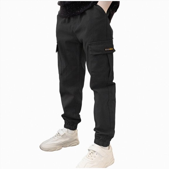 enyan Boys' Cargo Joggers Pants Youth Stretch Elastic Waist Twill Trousers Kids Casual School Uniform Bottoms 5-16 Years(Black,13-14 Years)
