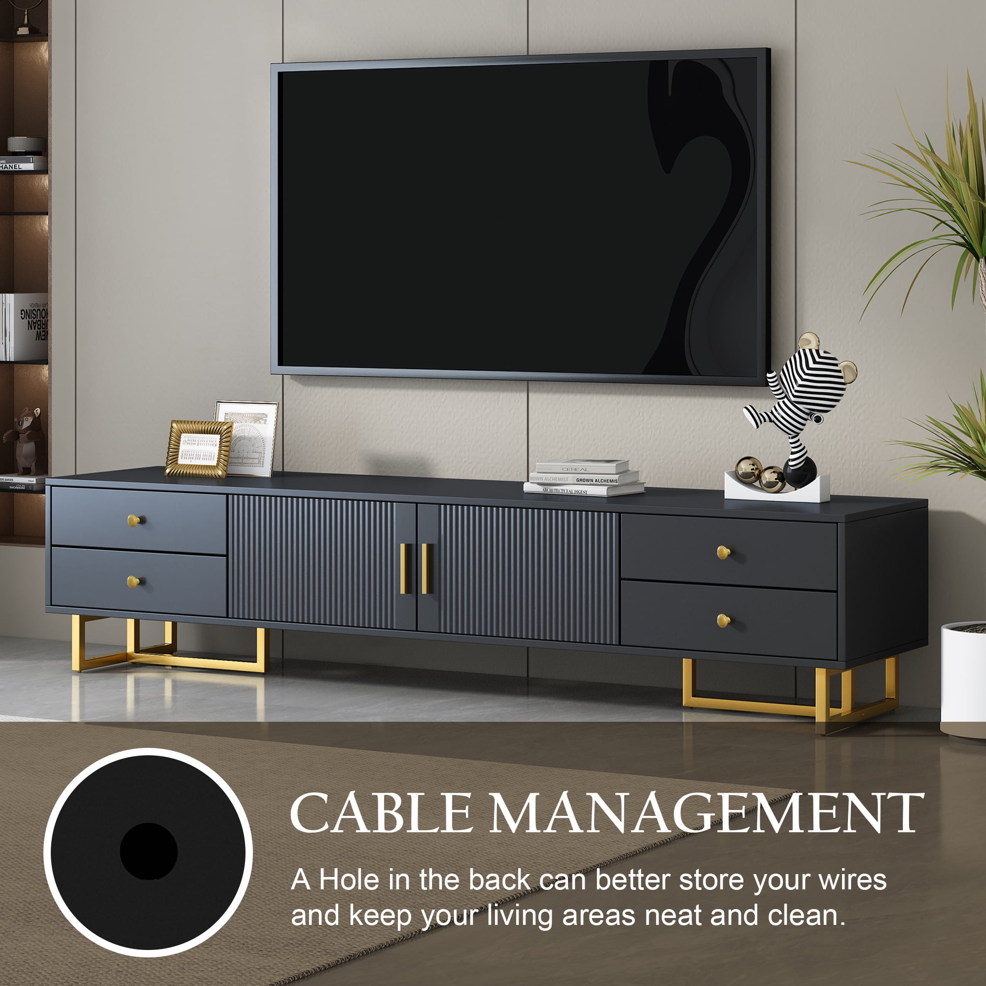 Euroco Modern TV Stand with Wave Groove Cabinet Doors, 4 Drawers, and Metal T-Frame